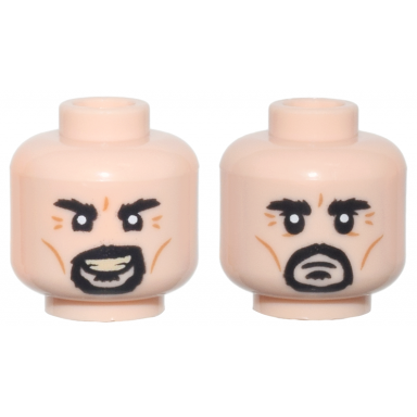 light nougat minifigure head dual sided black bushy eyebrows moustache soul patch and goatee medium nougat cheek lines and wrinkles evil open mouth smile with tan teeth frown pattern