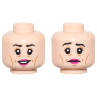 light nougat minifigure head dual sided female black eyebrows upper eyelids medium nougat eye shadow cheek lines wrinkles and chin dimple magenta lips open mouth smile with teeth sad frown pattern