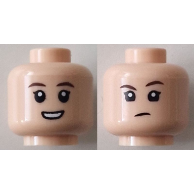 light nougat minifigure head dual sided child female dark brown eyebrows open mouth smile with teeth determined frown pattern