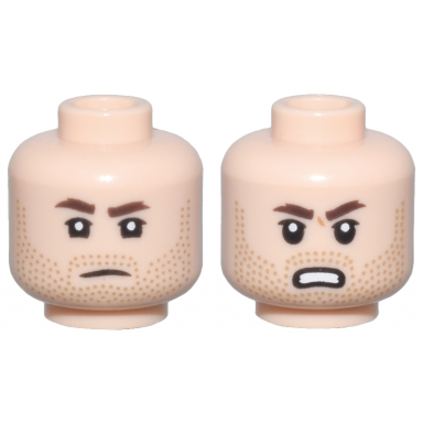 light nougat minifigure head dual sided dark brown eyebrows upper eyelids medium nougat stubble frown angry open mouth scowl with teeth pattern