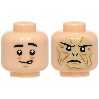 light nougat minifigure head dual sided black eyebrows medium nougat chin dimple worried smile tan face with nostrils wrinkles fierce pattern