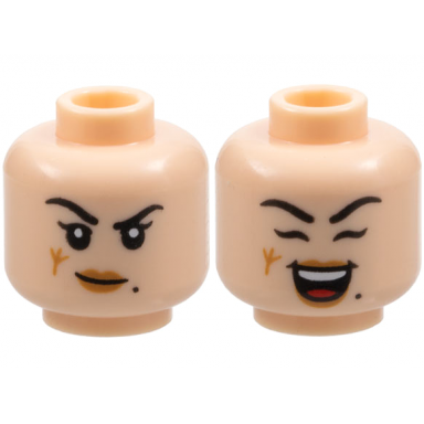light nougat minifigure head dual sided female black eyebrows beauty mark medium nougat lips scar lopsided grin open mouth smile and closed eyes pattern