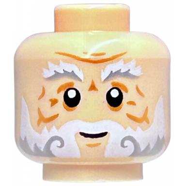 light nougat minifigure head white and light bluish gray bushy eyebrows and beard medium nougat wrinkles and chin dimple grin pattern