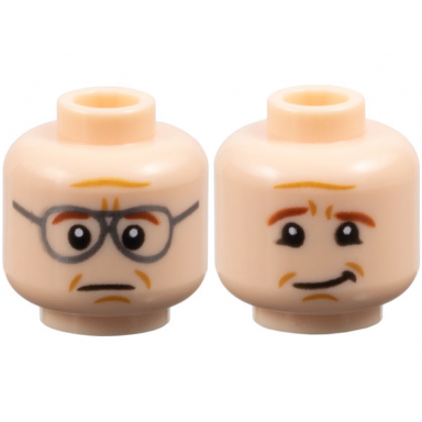 light nougat minifigure head dual sided reddish brown eyebrows medium nougat lines and dimples dark silver glasses neutral lopsided grin pattern