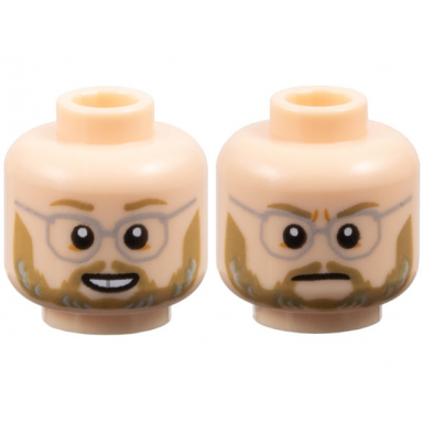 light nougat minifigure head dual sided dark tan eyebrows moustache and beard light bluish gray glasses open mouth smile neutral pattern