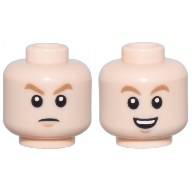 light nougat minifigure head dual sided medium nougat eyebrows nougat chin dimple angry frown open mouth smile with top teeth pattern