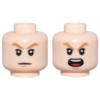 light nougat minifigure head dual sided medium nougat eyebrows upper eyelids nougat chin dimple neutral open mouth scowl with top teeth and red tongue pattern