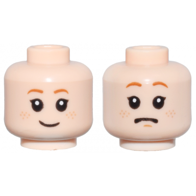light nougat minifigure head dual sided child female dark orange eyebrows and freckles smile frown pattern