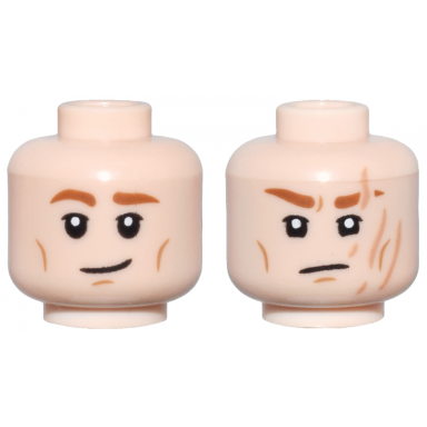 light nougat minifigure head dual sided dark orange eyebrows and cheeklines lopsided smile nougat scars pattern