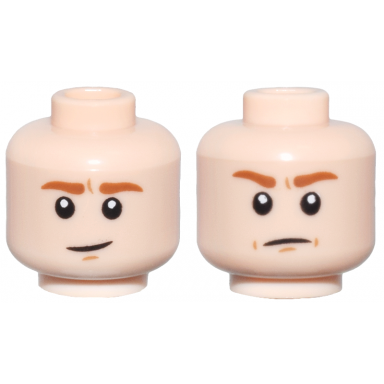 light nougat minifigure head dual sided dark orange eyebrows and dimples smile frown pattern