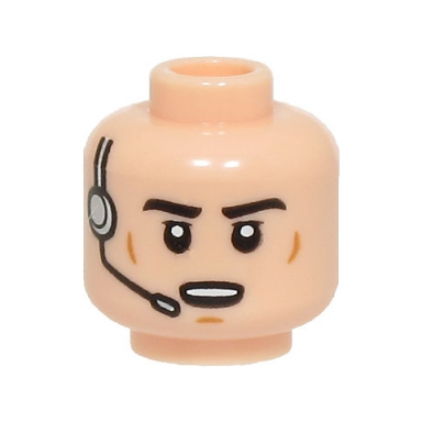 light nougat minifigure head black eyebrows medium nougat cheek lines and chin dimple silver headset open mouth with top teeth pattern