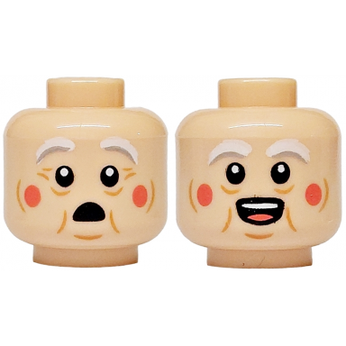 light nougat minifigure head dual sided white and light bluish gray bushy eyebrows medium nougat wrinkles and crows feet coral cheeks surprised open mouth with teeth and tongue pattern