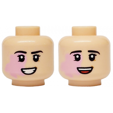 light nougat minifigure head dual sided female black eyebrows bright pink birthmark open mouth smile laughing with teeth and red tongue pattern