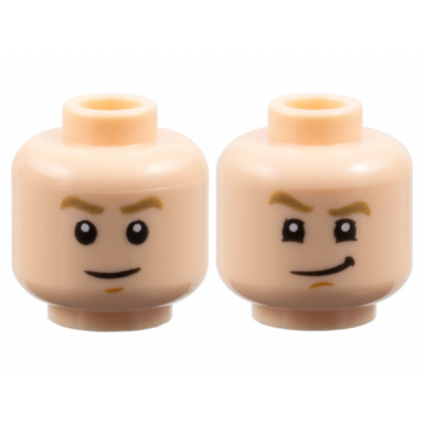 light nougat minifigure head dual sided dark tan eyebrows medium nougat chin dimple grin lopsided grin with raised eyebrow right pattern