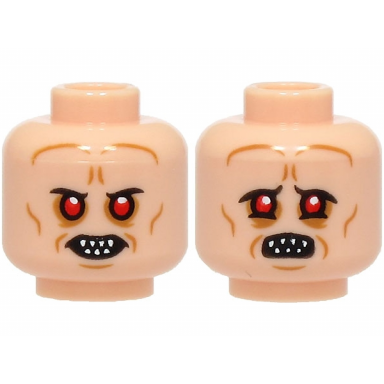 light nougat minifigure head dual sided alien with red eyes bared pointed teeth medium nougat wrinkles neutral frown with wide open mouth pattern