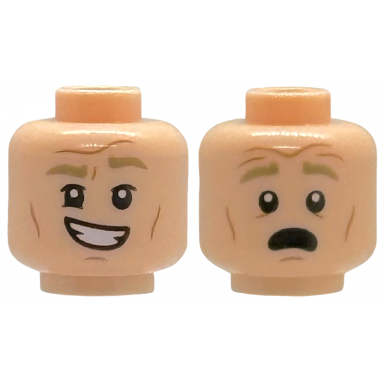 light nougat minifigure head dual sided dark tan eyebrows medium nougat cheek lines chin dimple and forehead creases lopsided open mouth smile with teeth scared pattern