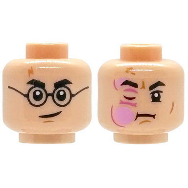 light nougat minifigure head dual sided black eyebrows nougat lightning scar medium nougat chin dimple smirk and round glasses bright pink hp stinging jinx cheek swelling with dark pink wrinkles closed right eye pattern