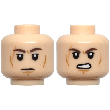 light nougat minifigure head dual sided dark brown eyebrows upper eyelids nougat scar medium nougat cheek lines and chin dimple neutral angry open mouth scowl with teeth pattern