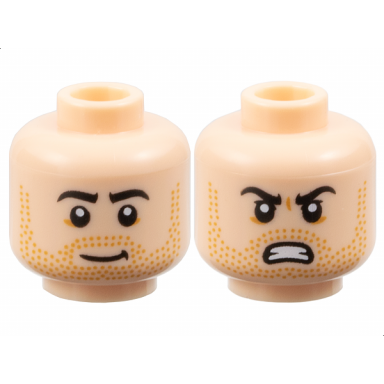 light nougat minifigure head dual sided black eyebrows medium nougat beard stubble slightly lopsided grin angry bared teeth and upper eyelids pattern