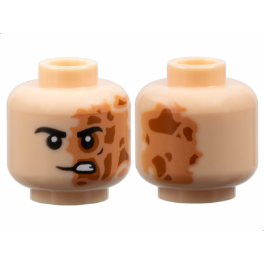 light nougat minifigure head black eyebrows nougat and dark orange burned and scarred left side lopsided open mouth scowl with teeth pattern