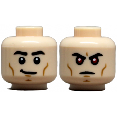 light nougat minifigure head dual sided black eyebrows medium nougat cheek lines and chin dimple smirk stern with red eyes pattern
