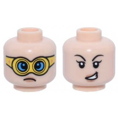 light nougat minifigure head dual sided female black thin eyebrows single eyelashes nougat lips frown and yellow goggles with dark azure lenses lopsided open mouth smile with teeth pattern