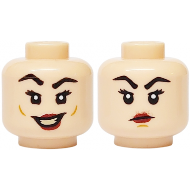 light nougat minifigure head dual sided female black eyebrows and eyelashes dark red lips medium nougat cheek dimples and lopsided open mouth smile with teeth chin dimple and frown pattern