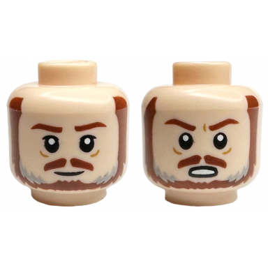 light nougat minifigure head dual sided reddish brown eyebrows moustache and beard with light bluish gray highlights grin angry open mouth with teeth pattern