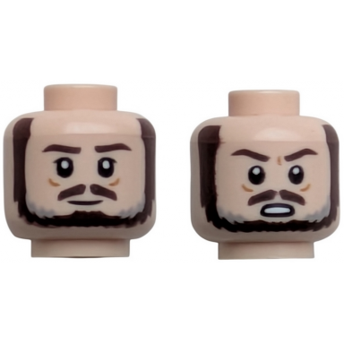 light nougat minifigure head dual sided dark brown eyebrows moustache and beard with light bluish gray highlights grin angry open mouth with teeth pattern