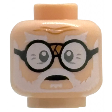 light nougat minifigure head white bushy eyebrows moustache beard and soul patch dark bluish gray eyes black round glasses with tape on bridge medium nougat forehead creases neutral pattern