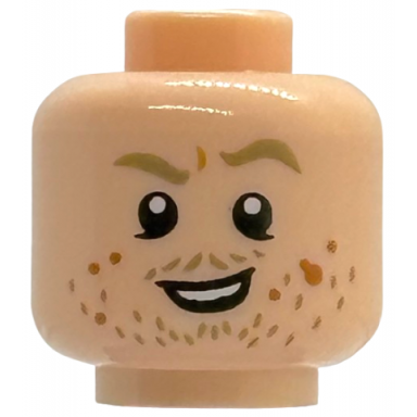 light nougat minifigure head dark tan eyebrows left raised lower eyelids beard stubble medium nougat spots lopsided open mouth smile with teeth pattern