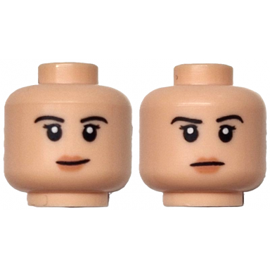 light nougat minifigure head dual sided female black eyebrows and double eyelashes nougat lips slight lopsided grin stern pattern