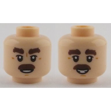 light nougat minifigure head dual sided dark brown thick eyebrows and moustache upper eyelids medium nougat chin dimple and wrinkles open mouth with teeth grin smile pattern