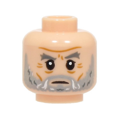 light nougat minifigure head dark bluish gray eyebrows light bluish gray moustache and beard with white highlights medium nougat cheek lines and wrinkles frown pattern