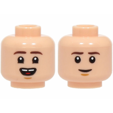 light nougat minifigure head dual sided dark brown eyebrows medium nougat chin dimple open mouth smile with top teeth with gap and red tongue grin pattern