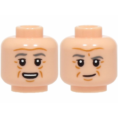 light nougat minifigure head dual sided dark bluish gray eyebrows medium nougat wrinkles and chin dimple open mouth smile with top teeth lopsided grin pattern