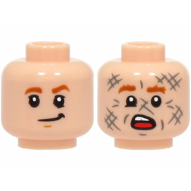 light nougat minifigure head dual sided dark orange eyebrows medium nougat chin dimple lopsided grin scared open mouth with top teeth tongue and dark bluish gray scuff marks pattern