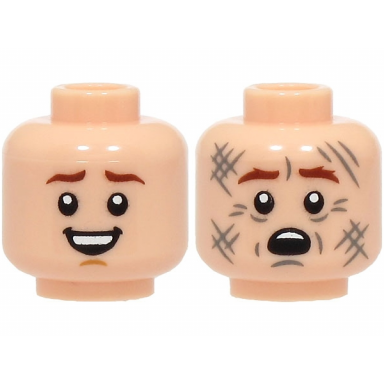 light nougat minifigure head dual sided reddish brown eyebrows medium nougat chin dimple open mouth smile with top teeth scared with dark bluish gray scuff marks pattern