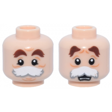 light nougat minifigure head dual sided reddish brown bushy eyebrows medium nougat wrinkles white and light bluish gray moustache neutral surprised open mouth with teeth pattern