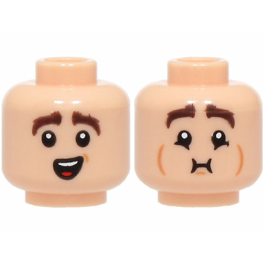 light nougat minifigure head dual sided dark brown eyebrows surprised open mouth with top teeth and tongue queasy breath holding with medium nougat cheek lines pattern