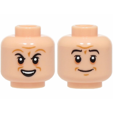 light nougat minifigure head dual sided black eyebrows nougat eye shadow medium nougat wrinkles crooked open mouth smile with top teeth stern grin pattern