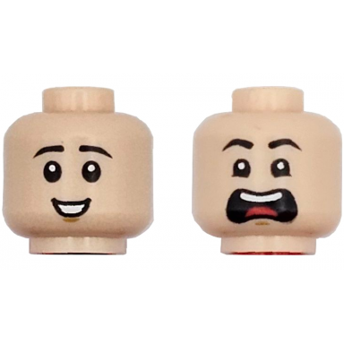 light nougat minifigure head dual sided child black eyebrows medium nougat chin dimple open mouth smile scared open mouth with top teeth and tongue pattern