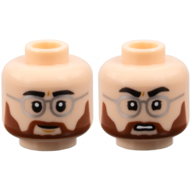 light nougat minifigure head dual sided black eyebrows silver glasses reddish brown moustache and full beard dimples slight lopsided grin open mouth scowl with teeth pattern