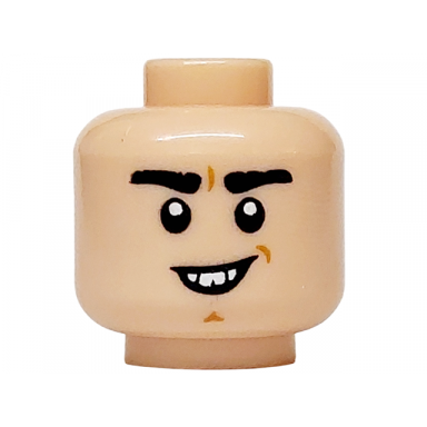 light nougat minifigure head thick black eyebrows medium nougat chin dimple open mouth grin with buck teeth pattern
