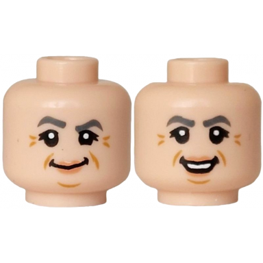 light nougat minifigure head dual sided female dark bluish gray eyebrows nougat lips medium nougat chin dimple cheek lines and crows feet smile open mouth smile pattern