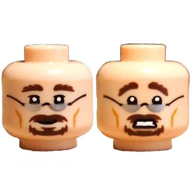 light nougat minifigure head dual sided silver glasses dark brown eyebrows moustache goatee grin scared open mouth with teeth pattern