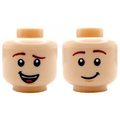 light nougat minifigure head dual sided reddish brown eyebrows nougat chin dimple lopsided open mouth smile with teeth and tongue lopsided grin pattern