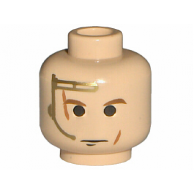 light nougat minifigure head brown eyebrows dark orange scars black chin dimple gold headset with microphone neutral pattern