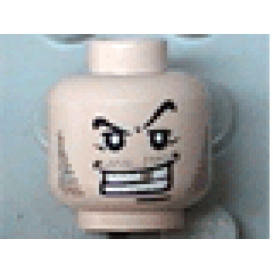 light nougat minifigure head male arched eyebrow white teeth with gold tooth fine stubble and line under mouth pattern