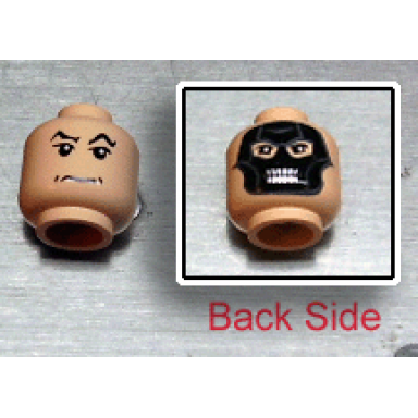 light nougat minifigure head dual sided hp death eater mask black raised eyebrows and grim mouth pattern